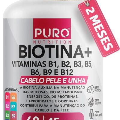 Biotina + Puro Nutrition Pele, Cabelo e Unhas, 45 mcg de Biotina por dose, Vitaminas B1, B2, B3, B5, B6, B9 e B12, 60 Cápsulas